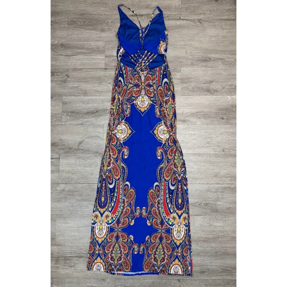 Blue Paisley Maxi Dress Open Back Criss Cross Side Slits Small - Picture 6 of 6